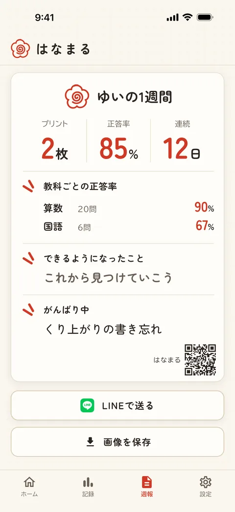 週報。1週間の枚数・正答率・教科ごとの正答率